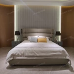 Warm Taupe Upholstered Bed with Tiered Headboard, Lacing Detail & Stainless Steel Accents